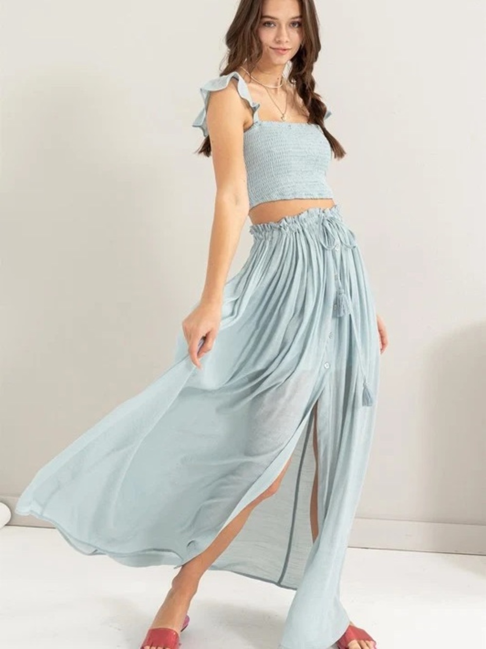 Light Blue Maxi Skirt with Smocked Waist & Top Set